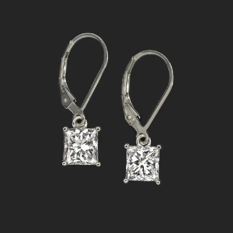 engagement rings for women -DIAMOND DROP EARRINGS 2.13c PRINCESS CUT EARTH MINED LEVERBACK DANGLE WHITE GOLD