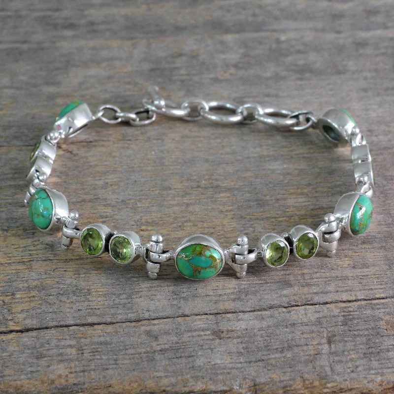 gold bangles with diamonds for women -Green Glow Peridot and Reconstituted Turquoise Silver Link Bracelet