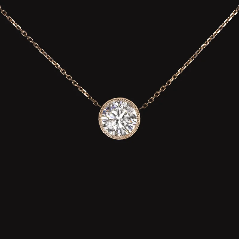 women’s elegant diamond rings -1.63ct NATURAL DIAMOND SOLITIAIRE NECKLACE ROUND CUT 14k ROSE GOLD BEZEL 1.5ct