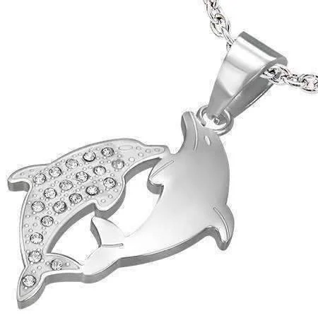 women’s gold chain necklaces -Dolphin Dance Stainless Steel Necklace with CZ Accents