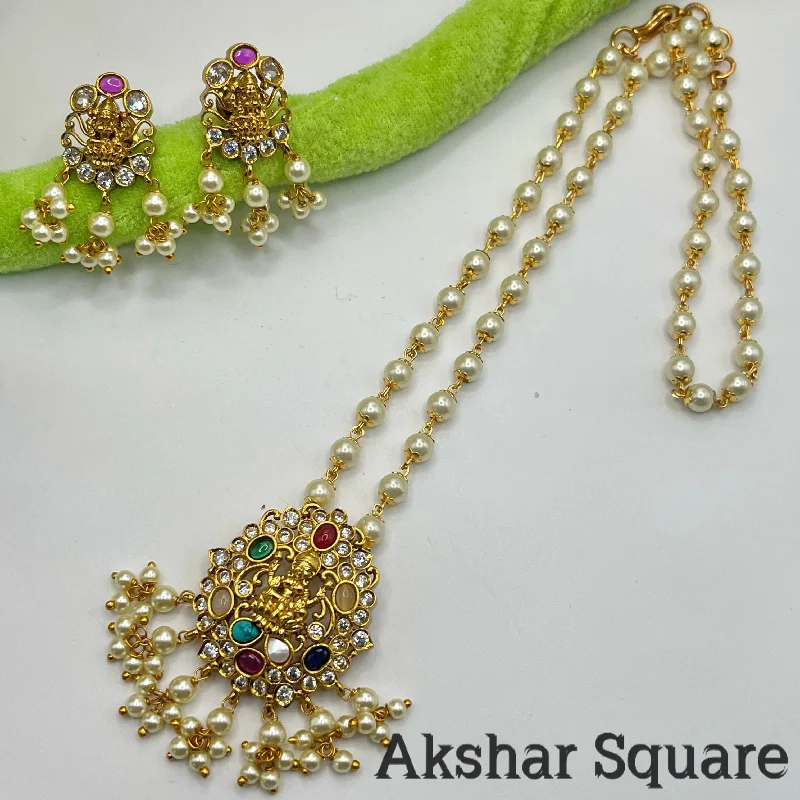 women’s colorful gemstone necklaces -Pearl necklace set with Navratan Lakshmi Pendent