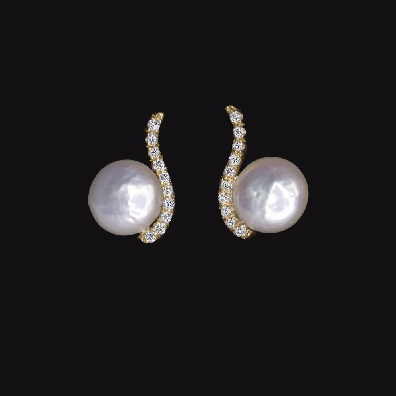 women’s diamond cocktail rings -COIN PEARL DIAMOND DROP EARRINGS 18k YELLOW GOLD DESIGNER STUD NATURAL BUTTON