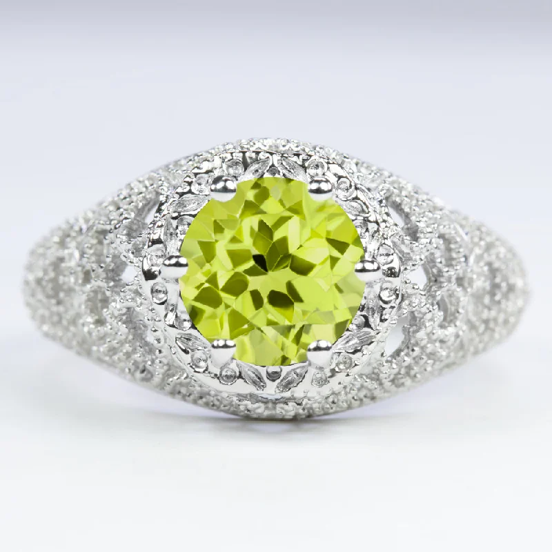 women’s platinum rings -PERIDOT STERLING SILVER RING VINTAGE STYLE FILIGREE ROUND CUT ART DECO GEMSTONE