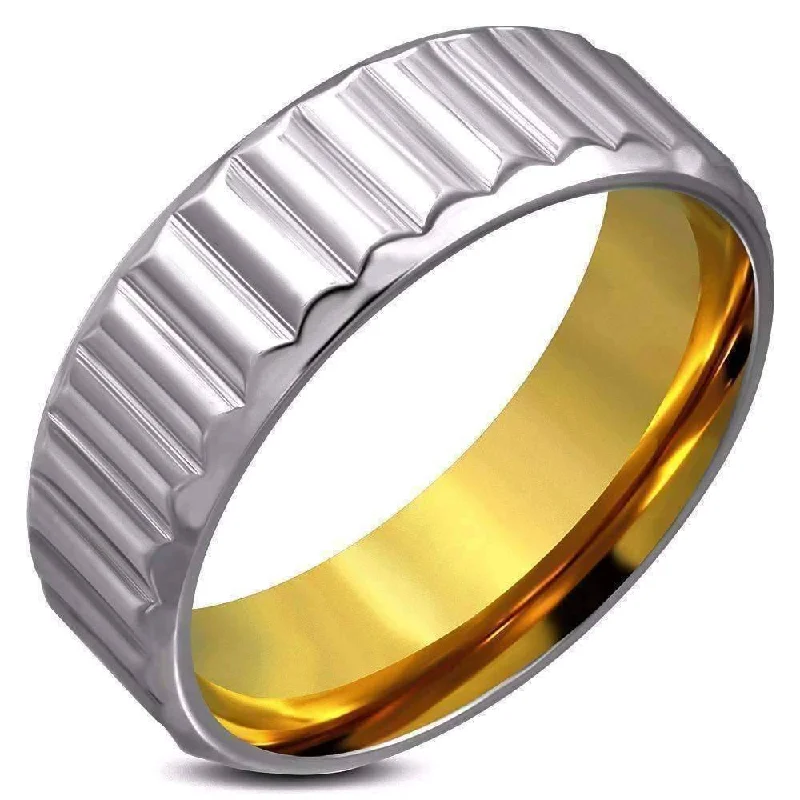 women’s trendy necklaces -Groove Men's Gold Plated Stainless Steel Ribbed Band Ring