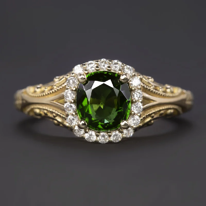 women’s chunky rings -VINTAGE STYLE GREEN TOURMALINE DIAMOND COCKTAIL RING YELLOW GOLD HALO CUSHION