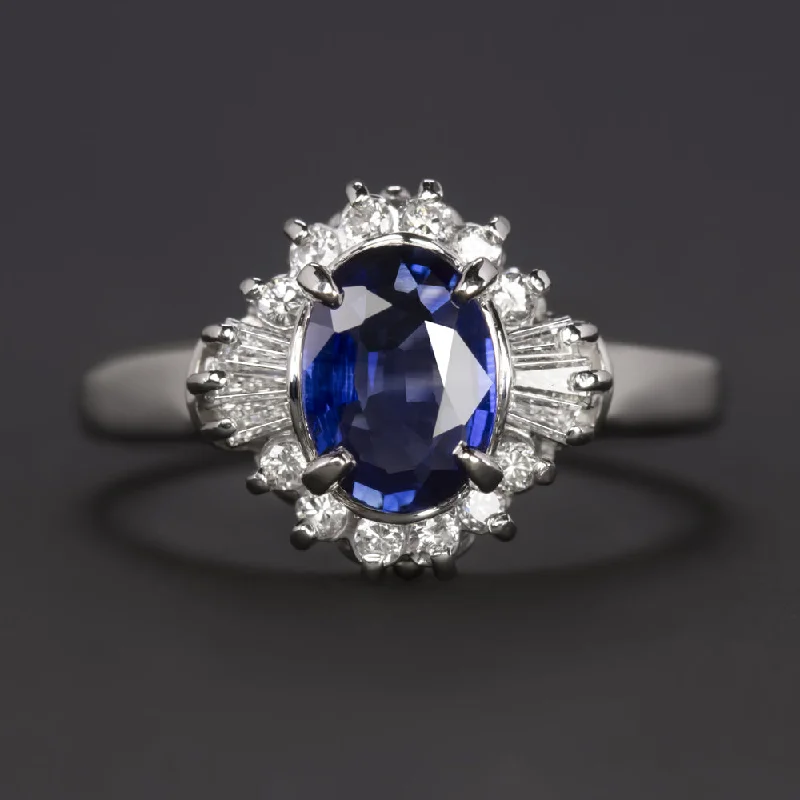 boho rings for women -1.31ct SAPPHIRE DIAMOND COCKTAIL RING PLATINUM HALO NATURAL OVAL SHAPE BLUE 1ct