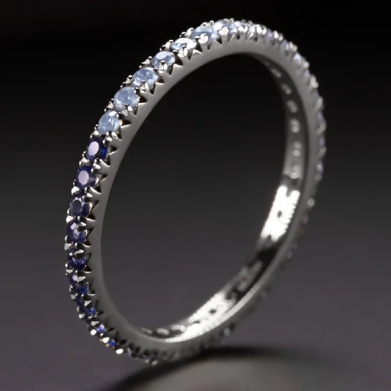 women’s promise bands -LIGHT DARK BLUE SAPPHIRE 14K WHITE GOLD ETERNITY RING STACKING HALF & HALF BAND