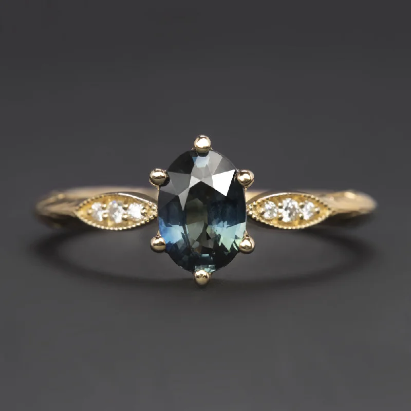 women’s emerald rings -NO HEAT SAPPHIRE DIAMOND COCKTAIL RING TEAL OVAL CUT NATURAL 14k YELLOW GOLD