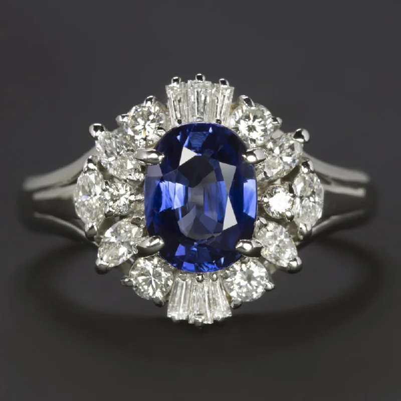 women’s simple rings -2.04ct SAPPHIRE DIAMOND COCKTAIL RING PLATINUM HALO CLUSTER NATURAL OVAL SHAPE