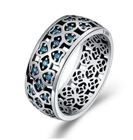 women’s engraved necklaces -Sweet Blue Clover CZ Sterling Silver Band Ring