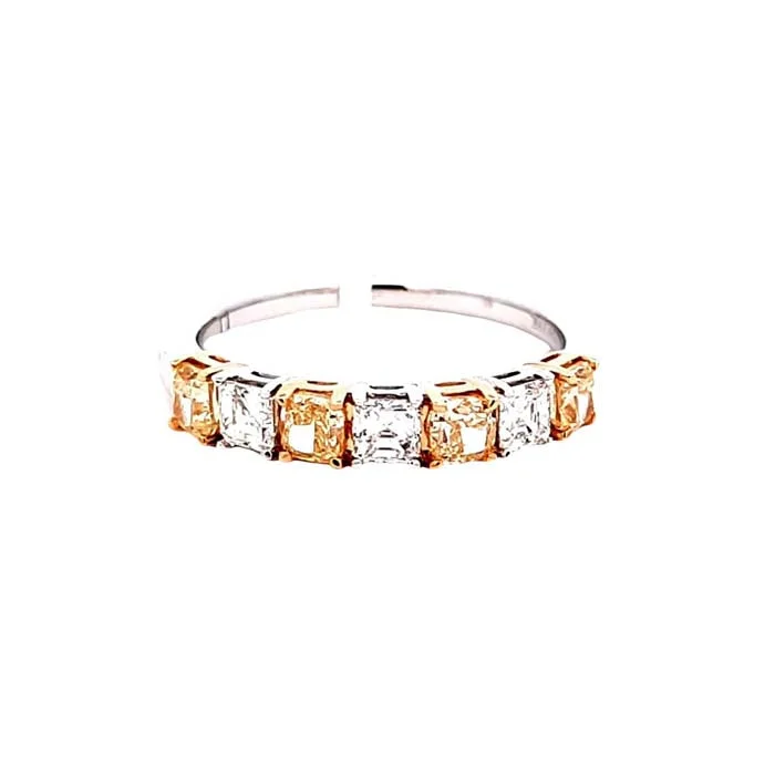 women’s antique engagement rings -Mountz Collection Yellow Cushion and White Asscher Cut Diamond Band in 18K White and Yellow Gold