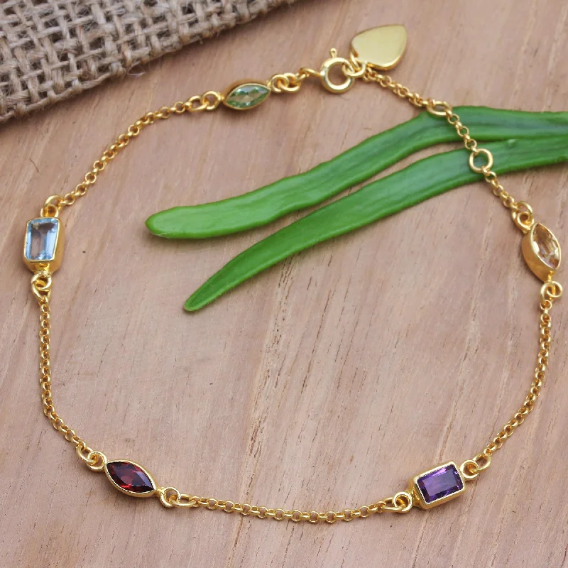 designer bracelets for women -Heaven's Rainbow Gold-Plated Birthstone Station Bracelet from Bali