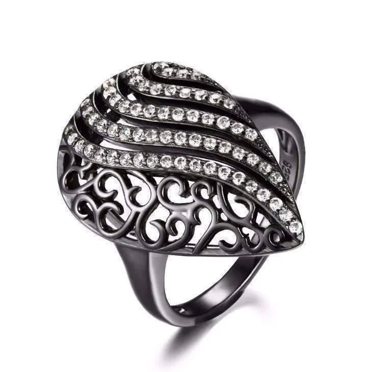 women’s cross necklaces -Ebony Swirl Black Gold Filigree and CZ Cocktail Ring