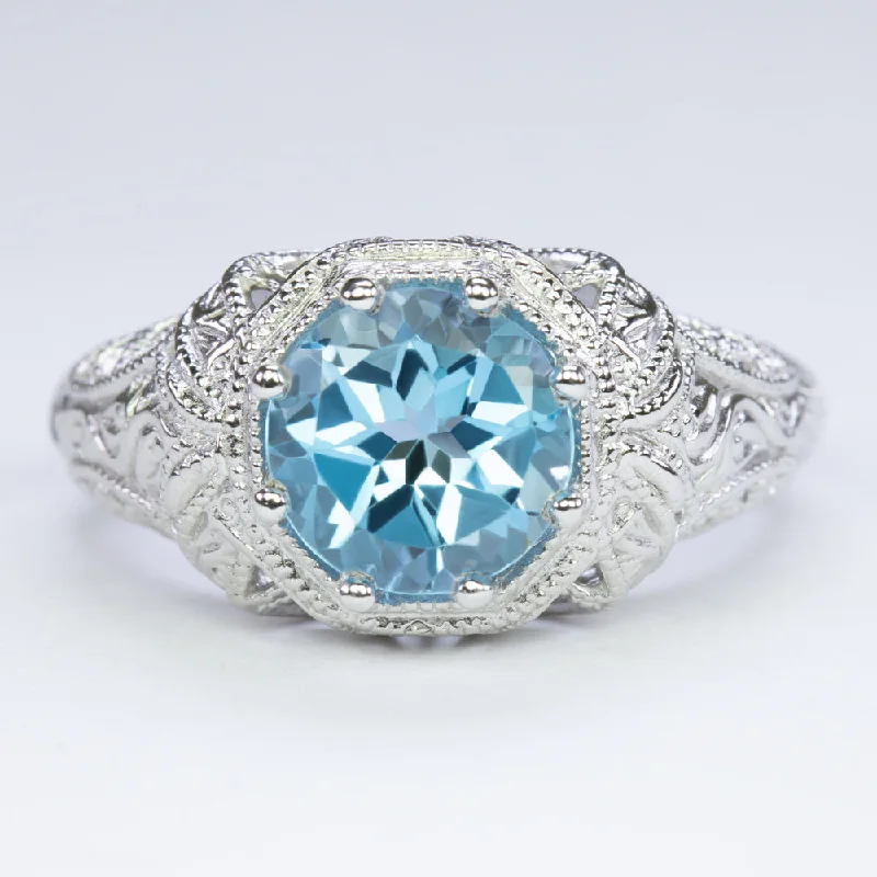 women’s modern rings -SWISS BLUE TOPAZ VINTAGE STYLE COCKTAIL RING STERLING SILVER FILIGREE ART DECO