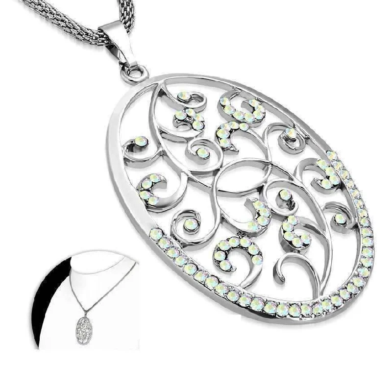 women’s stacking necklaces -Iridescent Rainbow Crystal Encrusted Oval Scroll Pendant Necklace