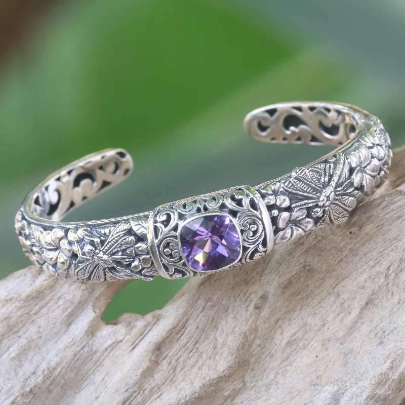 women’s magnetic bracelets -Sacred Garden in Purple Amethyst and Sterling Silver Cuff Bracelet from Indonesia