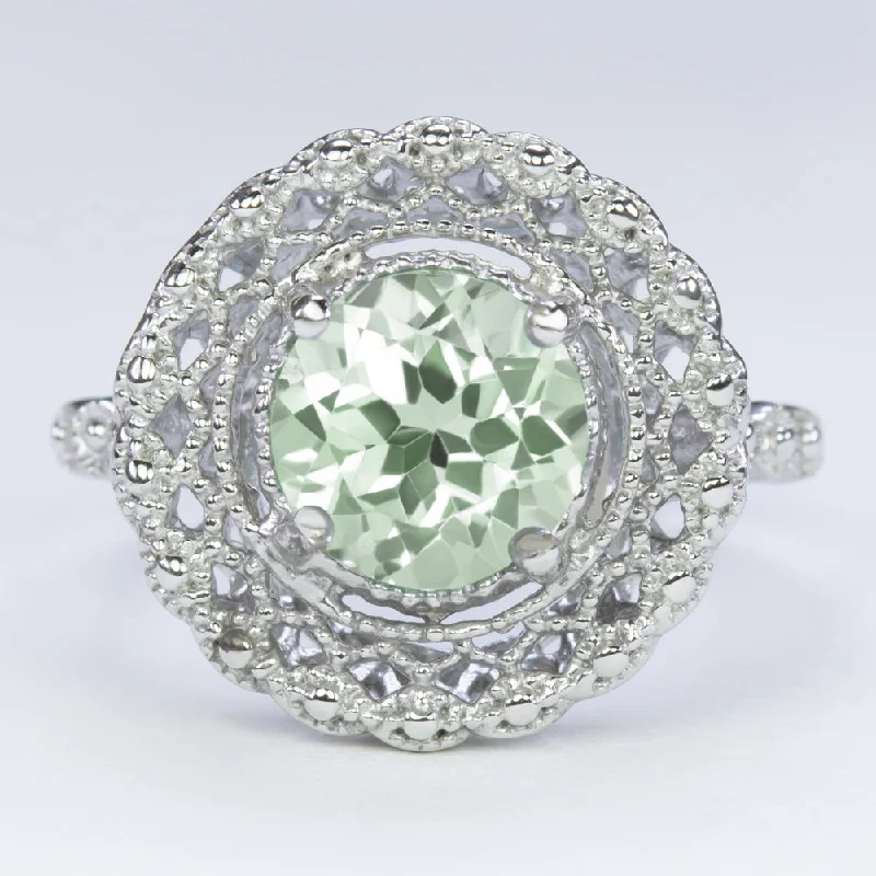 women’s sapphire rings -GREEN AMETHYST STERLING SILVER RING VINTAGE STYLE FILIGREE HALO ROUND ART DECO