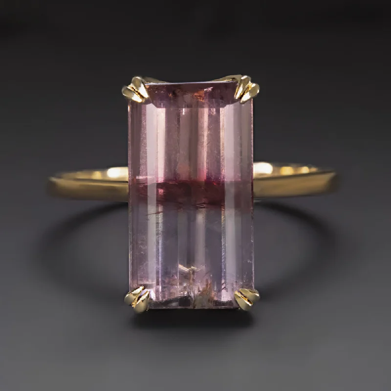 women’s unique engagement rings -5.30ct BI COLOR TOURMALINE SOLITAIRE RING YELLOW GOLD PINK PURPLE EMERALD CUT