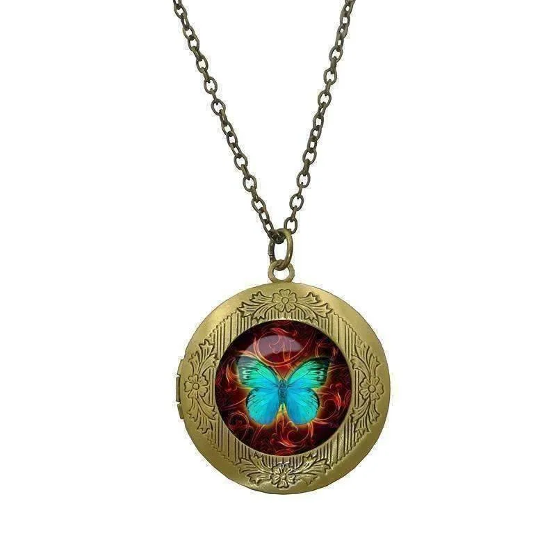 diamond necklaces for women -Butterfly Glass Cabochon Antique Locket Necklace - Teal on Red