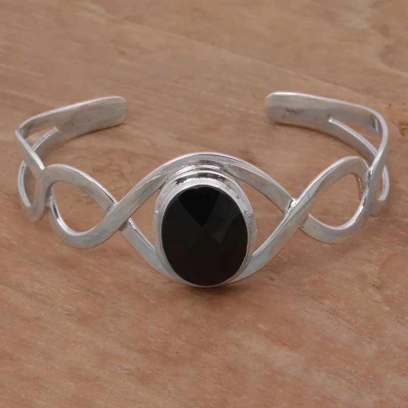 women’s wide bangles -Double Helix Onyx & Silver Cuff Bracelet