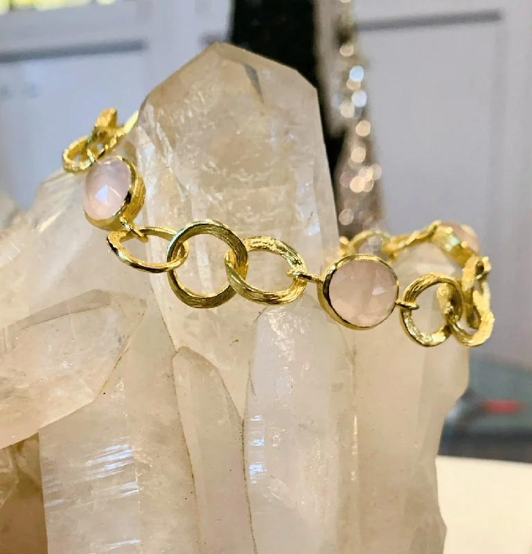 vintage bangles for women -Rose Quartz and Gold Plated Link Bracelet