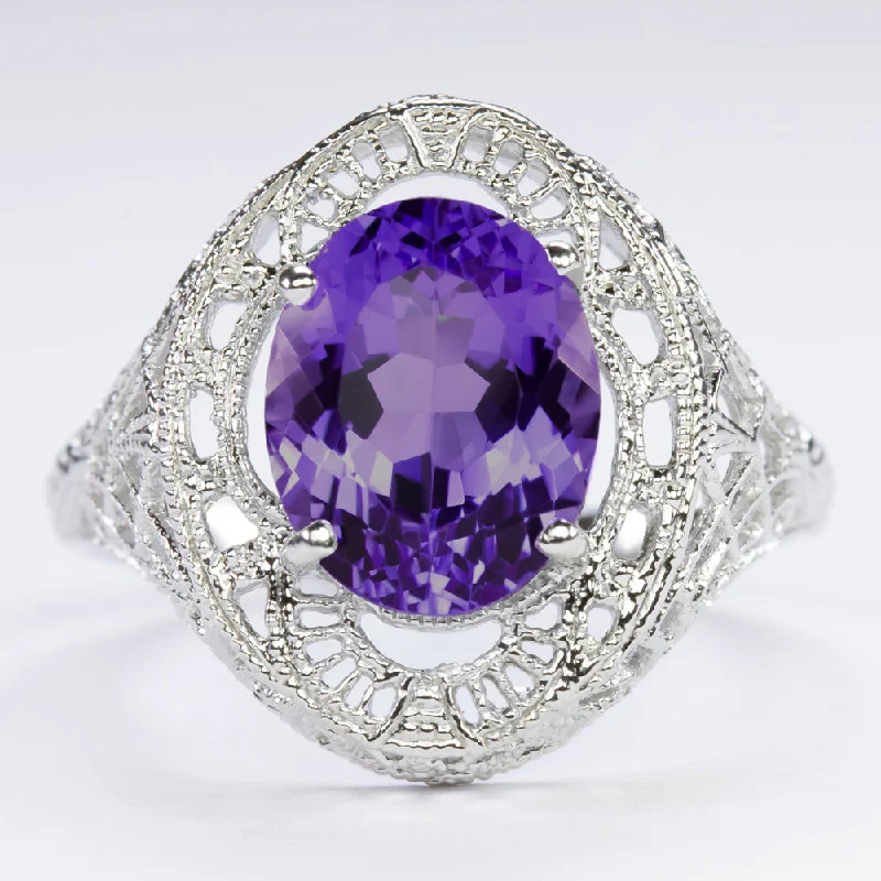 women’s wedding bands -AMETHYST STERLING SILVER RING VINTAGE STYLE OVAL CUT GEMSTONE FILIGREE SOLITAIRE