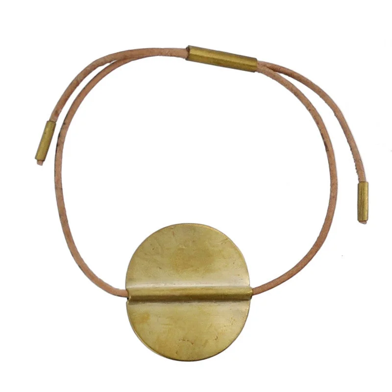 minimalist bangles for women -Aga Bracelet with Round Brass - Natural Leather