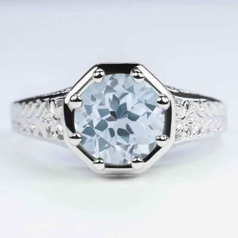 classic engagement rings for women -SKY BLUE TOPAZ STERLING SILVER RING VINTAGE STYLE ART DECO SOLITAIRE ROUND CUT