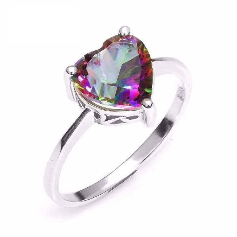 women’s solid gold necklaces -Rainbow Fire Genuine Mystic Topaz Heart Cut 2.6CT IOBI Precious Gems Solitaire Ring