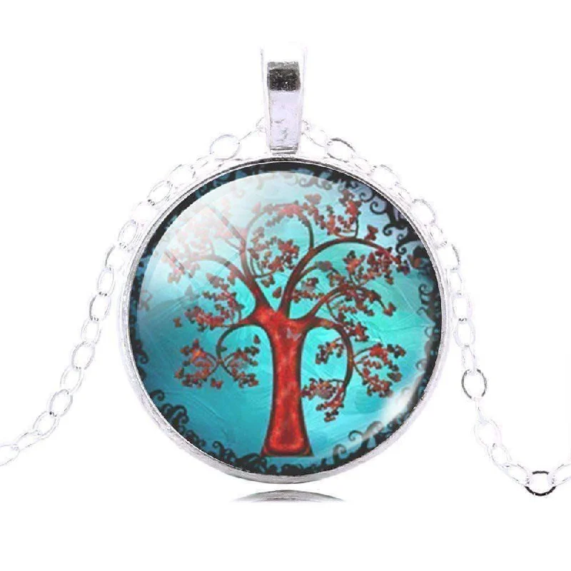 women’s classic pendant necklaces -Glass Cabochon Medallion Necklace - Red Tree for Woman