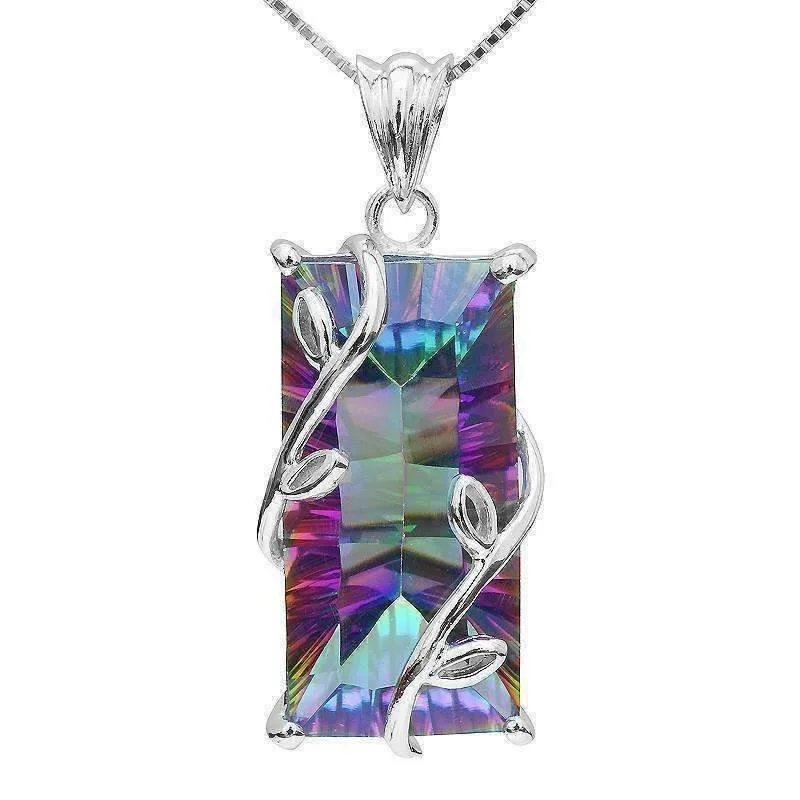 women’s engraved necklaces -Fantasy Rainbow Fire Genuine Mystic 16CT Emerald Cut IOBI Precious Gems 925 Sterling Silver Pendant Necklace