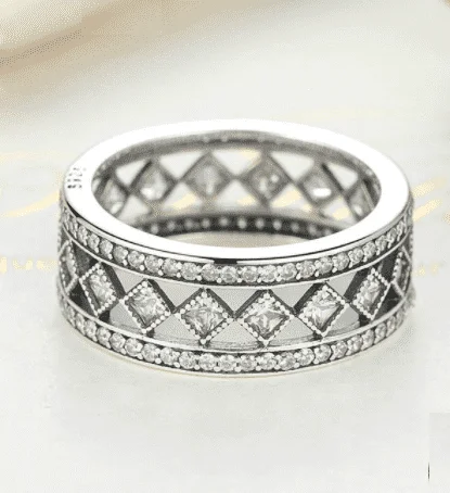 women’s dainty necklaces -Diamond Harlequin Pattern CZ Sterling Silver Eternity Band Ring