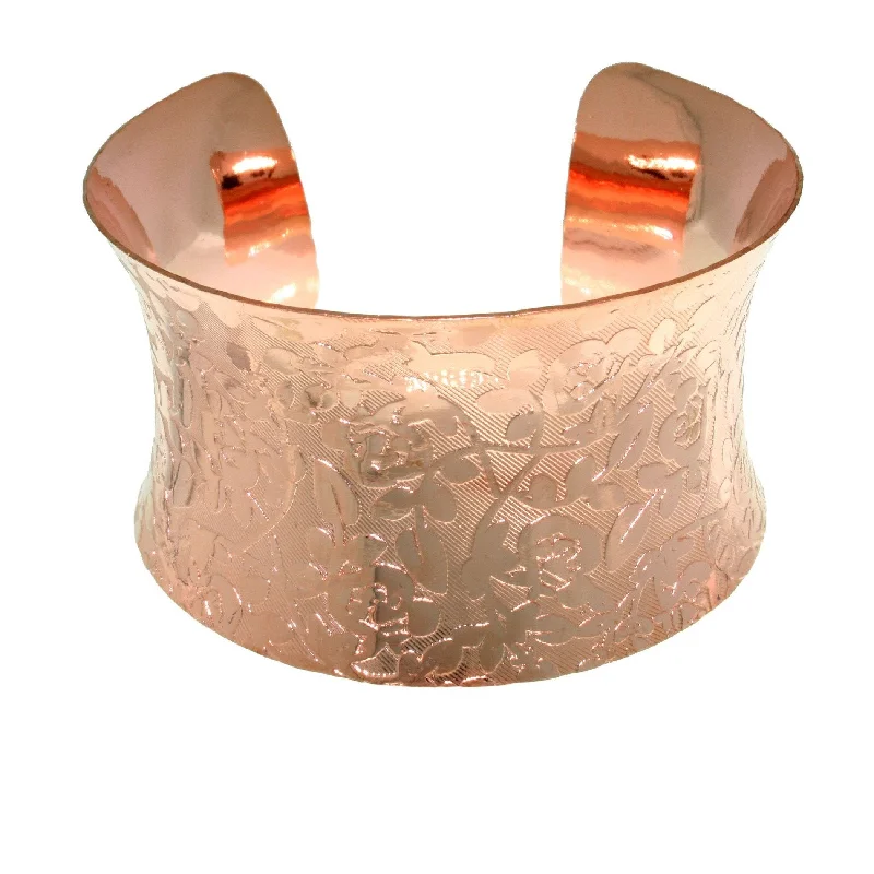 women’s gemstone bracelets -Cuff Bracelet - Wide Coppertone Steel Flared Bangle Floral Etched Bracelet