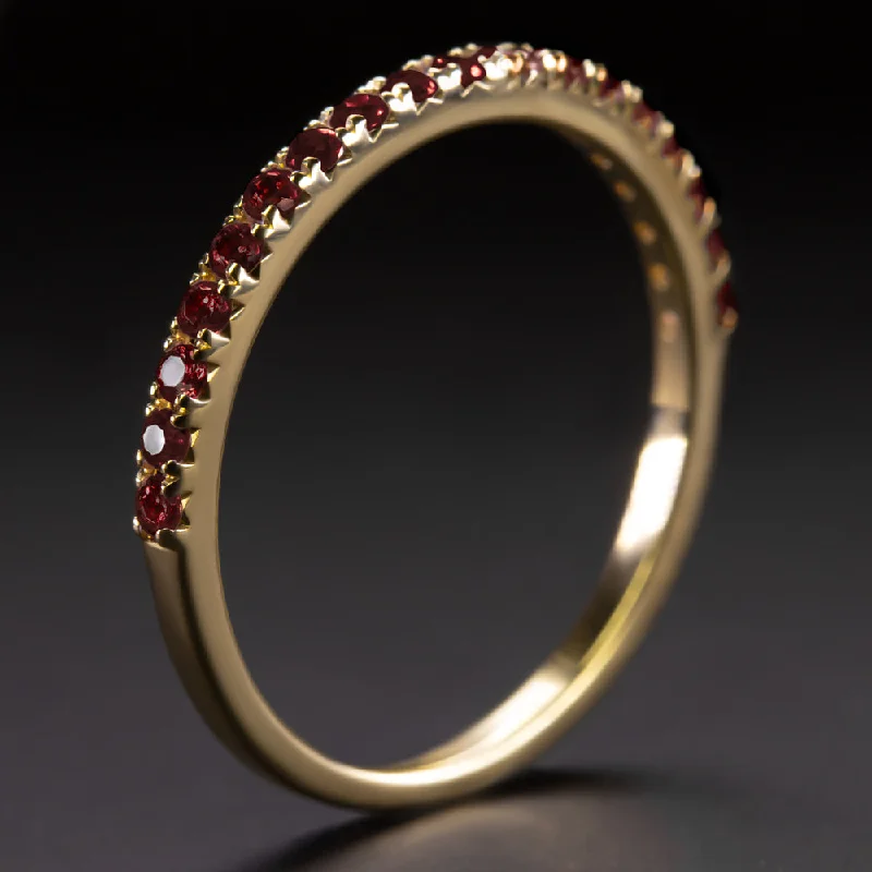 women’s vintage wedding rings -GARNET 14k YELLOW GOLD BAND HALF ETERNITY RING NATURAL RED GEMSTONE STACKING