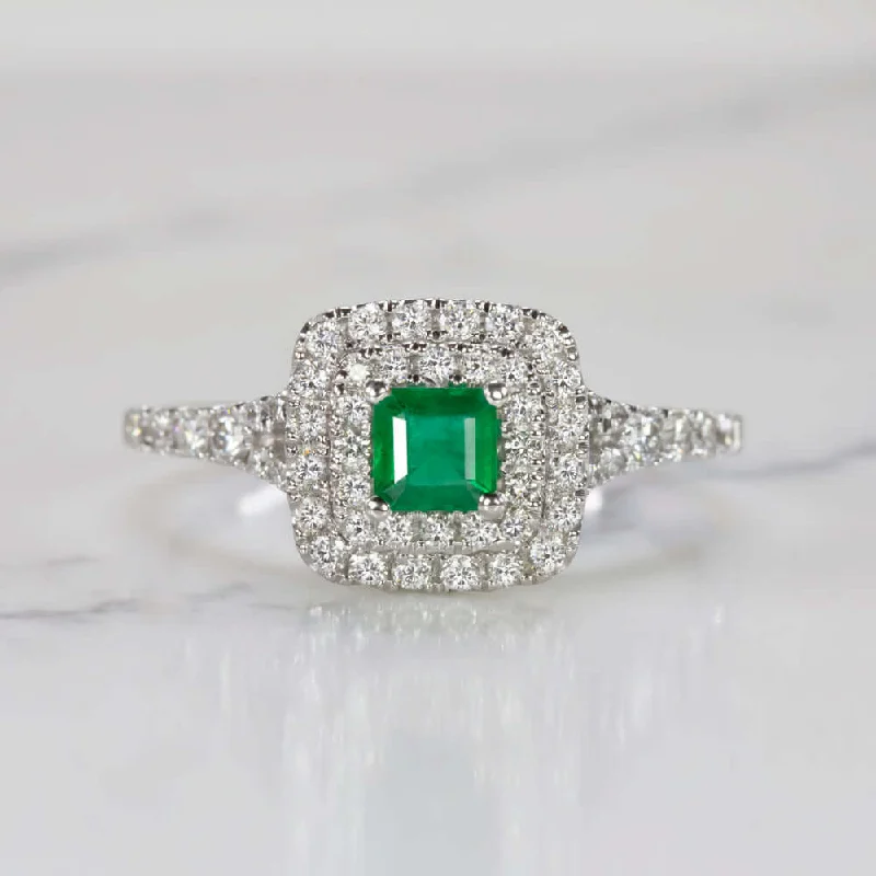 women’s silver promise rings -EMERALD EXCELLENT CUT F-G VS DIAMOND COCKTAIL RING DOUBLE HALO 14k WHITE GOLD