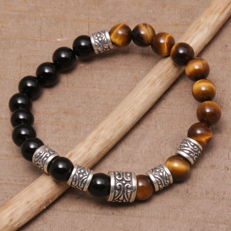 engraved bracelets for women -Batuan Renaissance Men's Silver & Tiger's Eye Onyx Bracelet