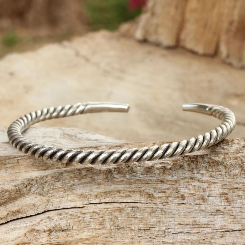 ethnic bangles for women -Thai Swirl Silver Men's Twist Cuff Bracelet