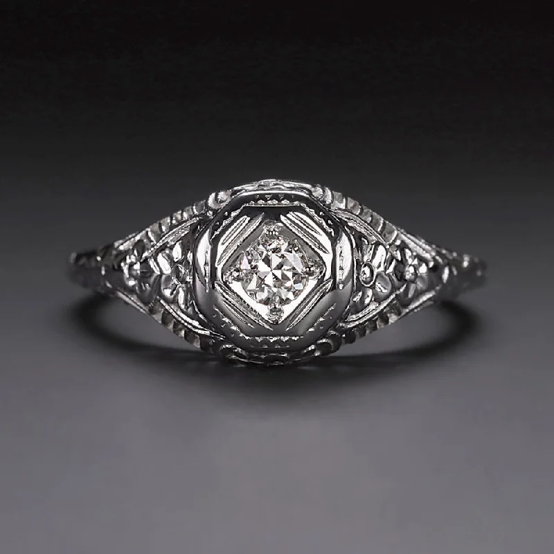 women’s gemstone rings -ART DECO DIAMOND SOLITAIRE RING OLD EUROPEAN CUT 18K WHITE GOLD FILIGREE VINTAGE