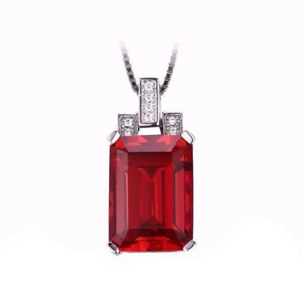 women’s luxury sapphire necklaces -Heirloom 9CT Emerald Cut Simulated Pigeon Blood Ruby IOBI Precious Gems 925 Sterling Silver Pendant