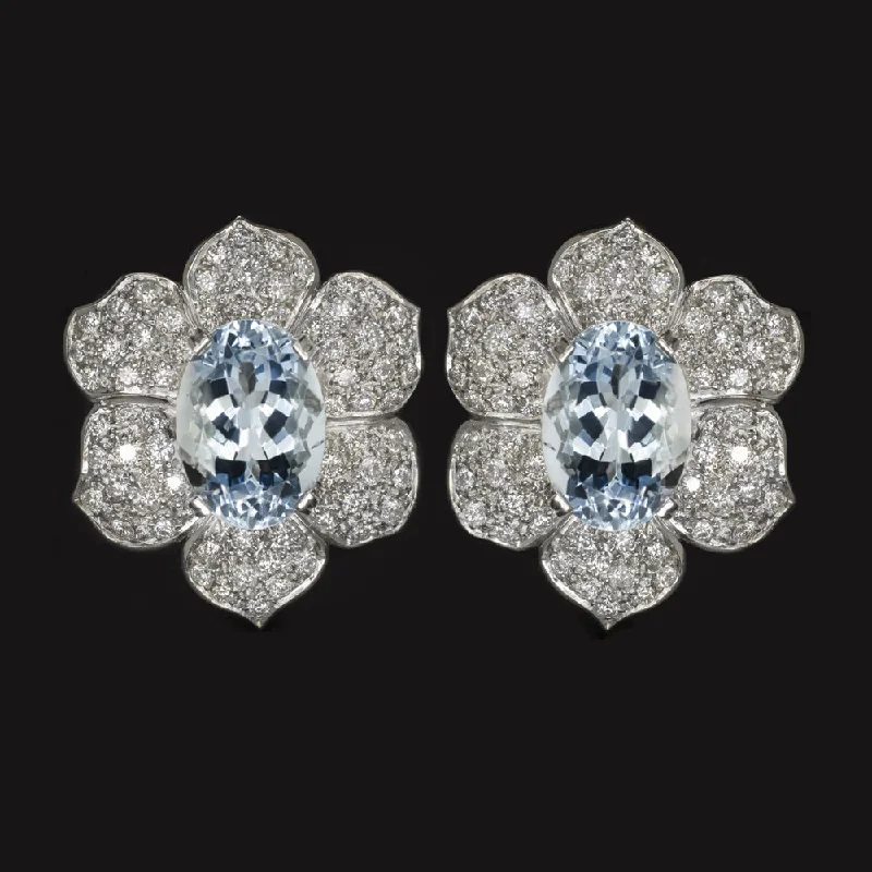 women’s gemstone rings -14.38ct AQUAMARINE DIAMOND STUD EARRINGS PLATINUM CERTIFIED FLOWER OVAL SHAPE