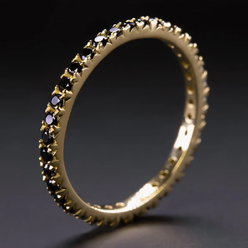 women’s birthstone rings -BLACK SPINEL 14K YELLOW GOLD ETERNITY RING STACKING WEDDING BAND NATURAL GEM