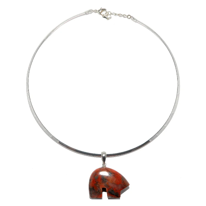 women’s pearl necklaces -Red Jasper Necklace Gentle Guardian Bear Silver Choker