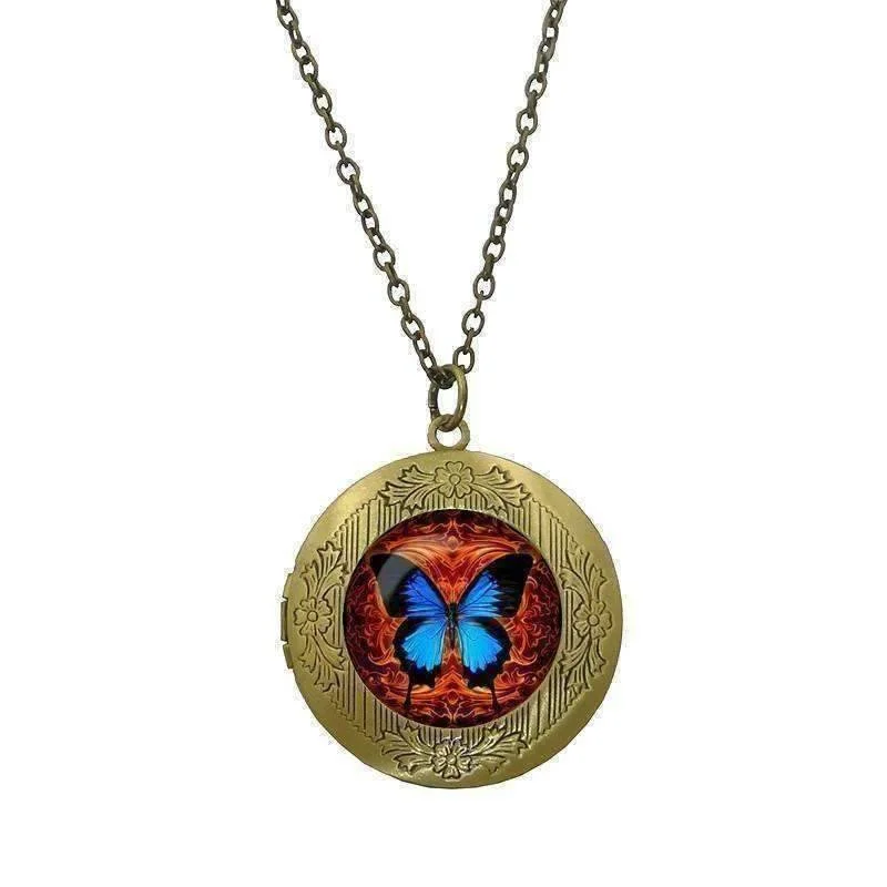 women’s sapphire pendant necklaces -Butterfly Glass Cabochon Antique Locket Necklace - Orange on Blue