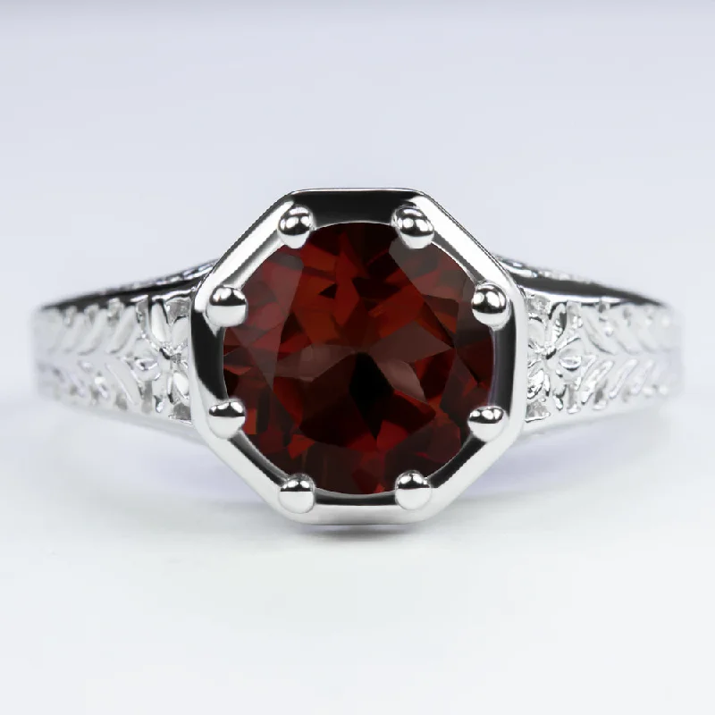 wedding rings with diamonds -GARNET STERLING SILVER RING VINTAGE STYLE ART DECO SOLITAIRE ROUND CUT GEMSTONE