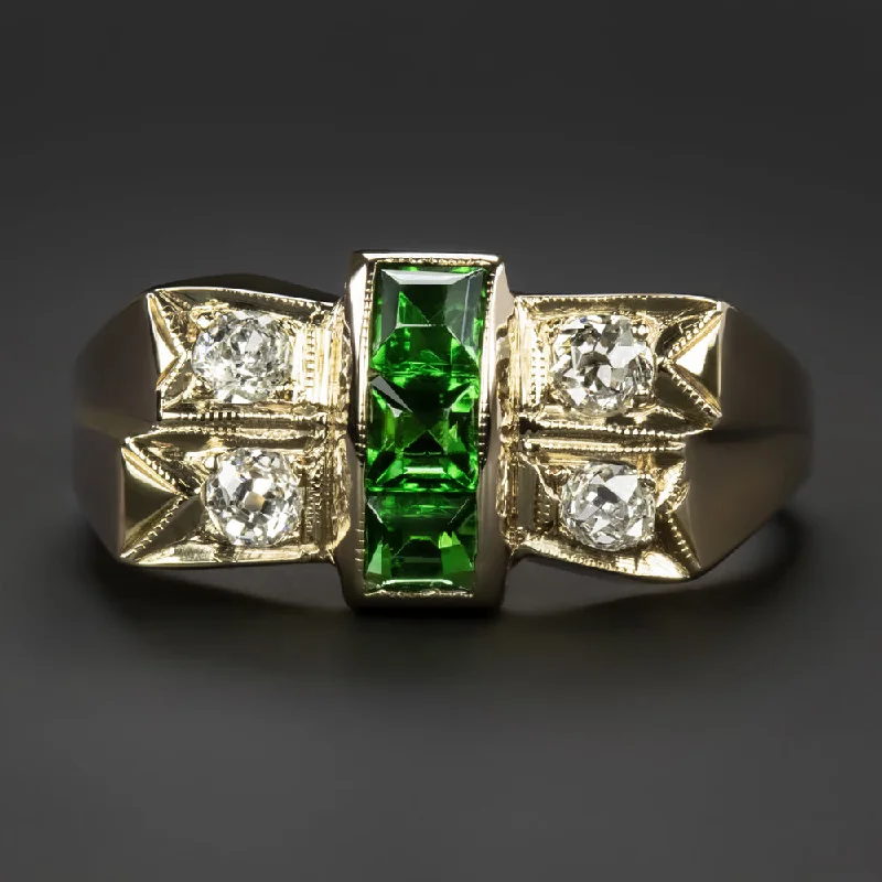 women’s engraved rings -VINTAGE EMERALD OLD CUT DIAMOND COCKTAIL RING 1944 RETRO ERA CHUNKY YELLOW GOLD