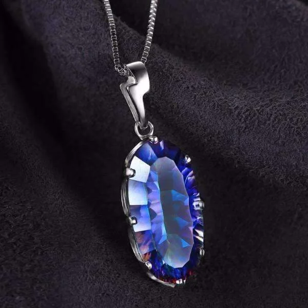 women’s bridal necklaces -Mystic Blue Rainbow Fire 11.8CT Oval IOBI Precious Gems Pendant Necklace