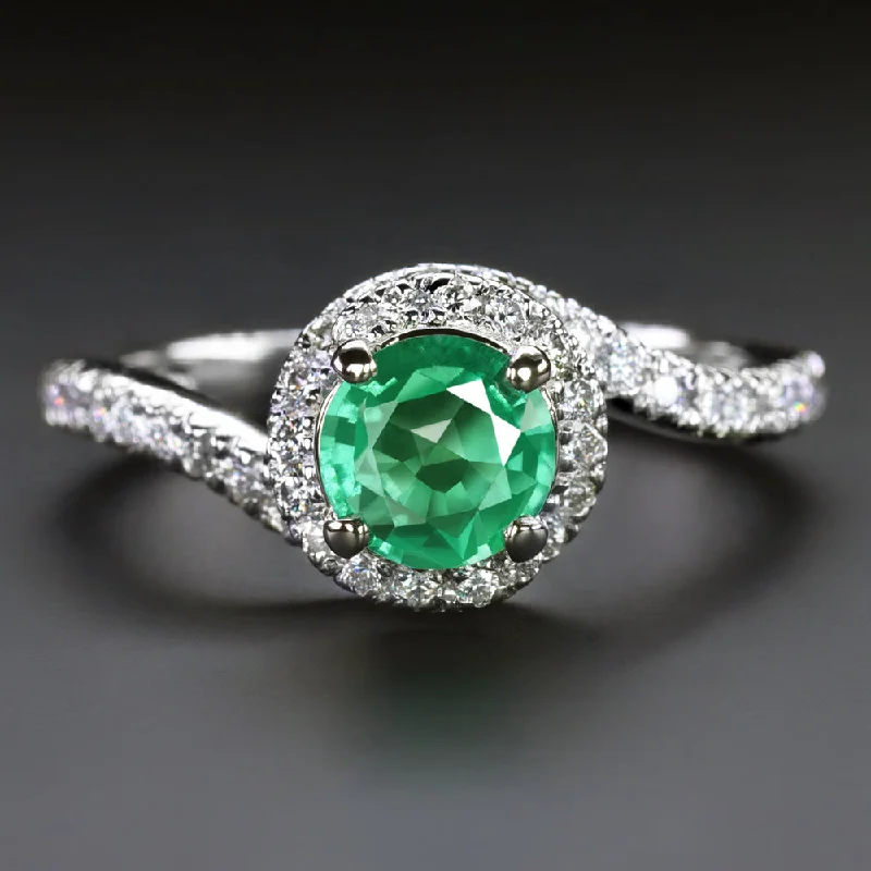 women’s adjustable gemstone rings -EMERALD DIAMOND COCKTAIL RING BYPASS HALO 14k WHITE GOLD NATURAL GREEN ROUND