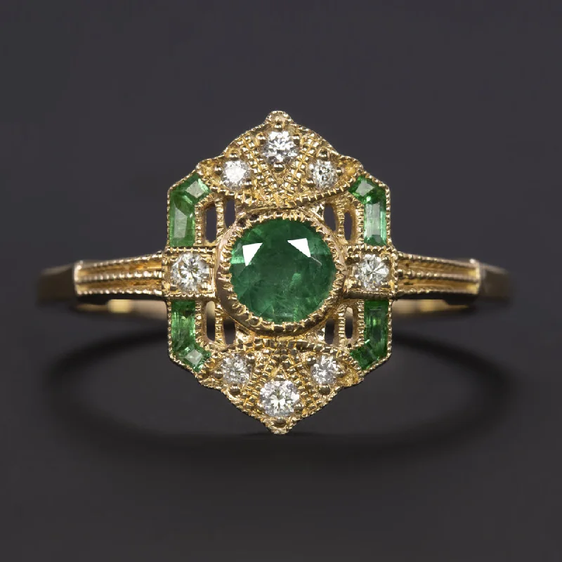 women’s infinity wedding bands -VINTAGE STYLE EMERALD DIAMOND COCKTAIL RING 14k YELLOW GOLD ART DECO NATURAL