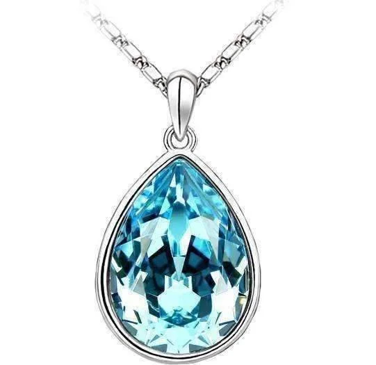 women’s infinity pendant necklaces -Aqua Dew Drop 12 Carat IOBI Crystal Tear Drop  Pear Shape 14K White Gold Plated Necklace For Woman