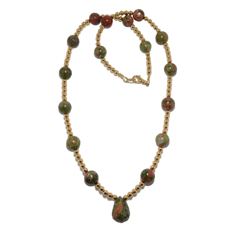 women’s chakra necklaces -Unakite Necklace Dreamer Designer Stone Beaded Brass